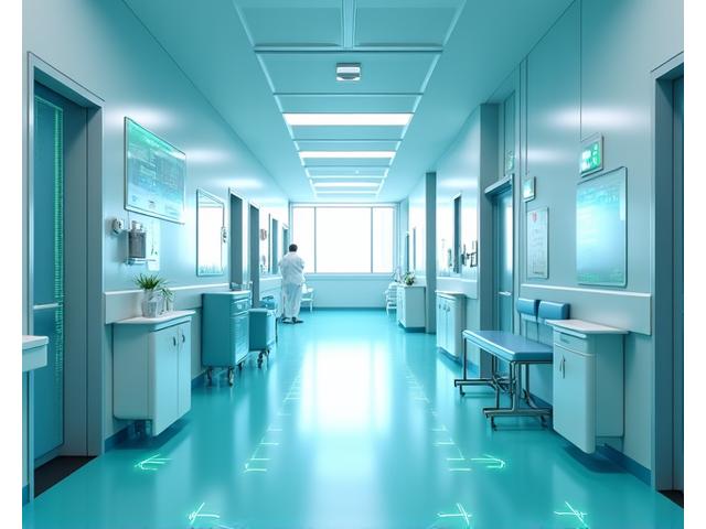 Illustration d'un hôpital moderne avec des flèches d'optimisation de flux