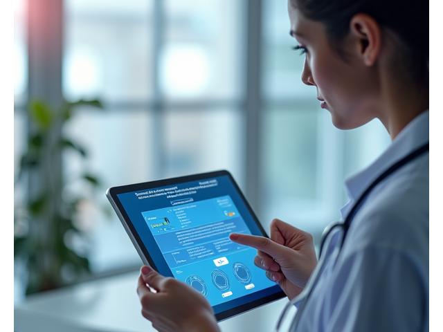 Un professionnel de la santé interagissant avec une tablette affichant un module de formation en ligne, symbolisant la formation et le support aux investigateurs.