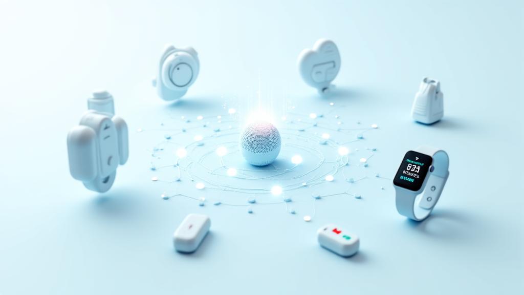 Illustration d'une interface affichant diverses icônes de dispositifs médicaux intégrés, symbolisant une compatibilité étendue et unifiée.